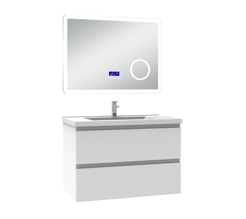 Ensemble Meuble 80cm Blanc 2 Tiroirs, Lavabo Céramique+miroir Bluetooth Tricolore,