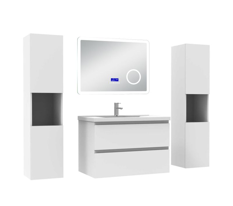 Ensemble Meuble 80cm Blanc , Lavabo Céramique +miroir Bluetooth Tricolore +2 Colonnes Hautes