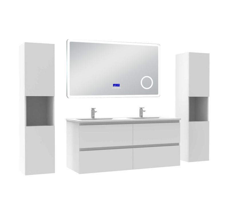 Ensemble Meuble 120cm Blanc, Lavabo Céramique +miroir Bluetooth Tricolore +2 Colonnes Hautes