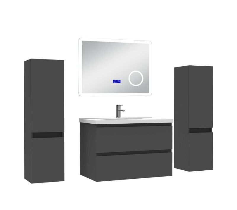 Ensemble Meuble 80cm Anthracite 2tiroirs, Lavabo Céramique +miroir Bluetooth Tricolore +2colonnes