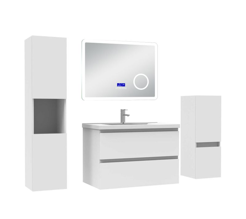 Ensemble Meuble Salle Bain 80cm Blanc 2 Tiroirs, Lavabo Céramique +miroirbluetooth +2 Colonnes,