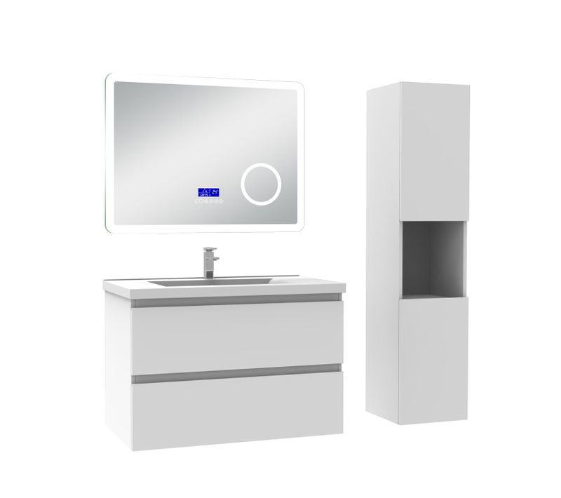 Ensemble Meuble 80cm Blanc 2 Tiroirs, Lavabo Céramique +miroir Bluetooth Tricolore +colonne Haute,