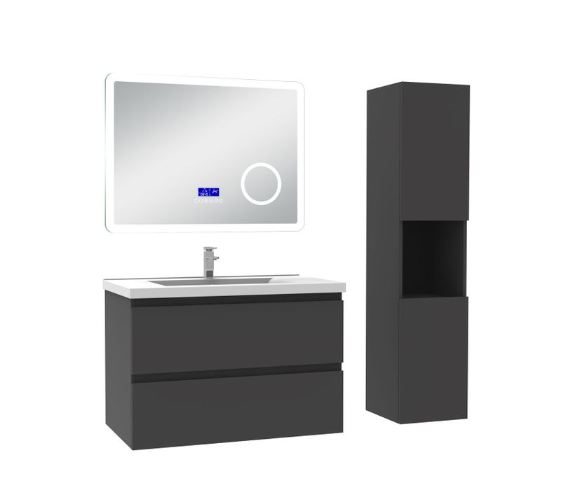 Ensemble Meuble 80cm Anthracite , Lavabo Céramique +miroir Bluetooth Tricolore +colonne Haute,