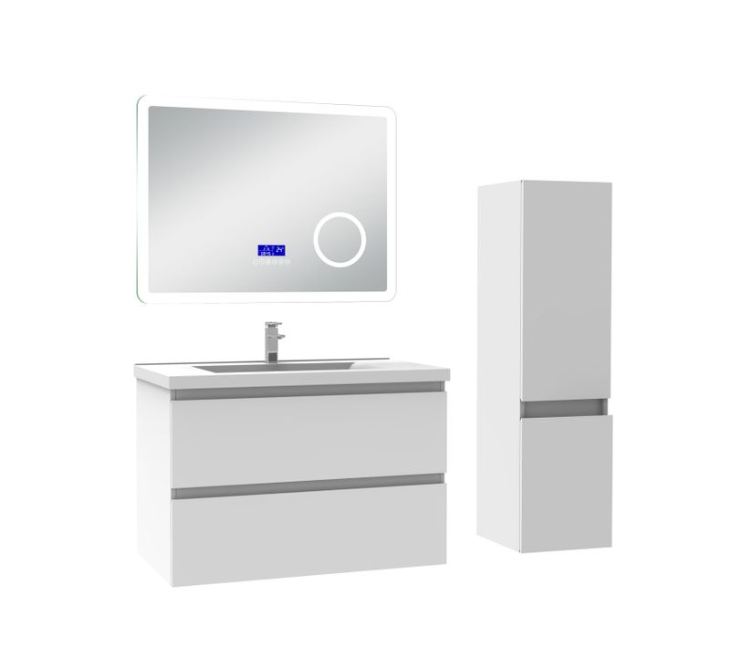 Ensemble Meuble 80cm Blanc 2 Tiroirs, Lavabo Céramique +miroir Bluetooth Tricolore +colonne,