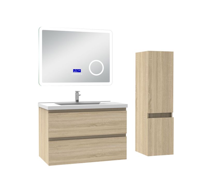 Ensemble Meuble 80cm Chêne Wotan 2 Tiroirs, Lavabo Céramique +miroir Bluetooth Tricolore +colonne,