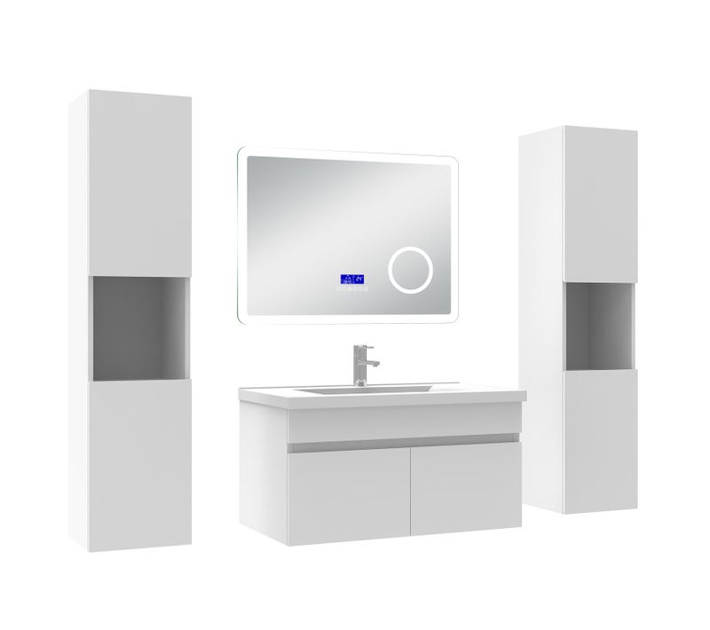 Ensemble Meuble 80cm Blanc, Lavabo Céramique +2 Colonnes Hautes +miroir Bluetooth 3 Couleurs