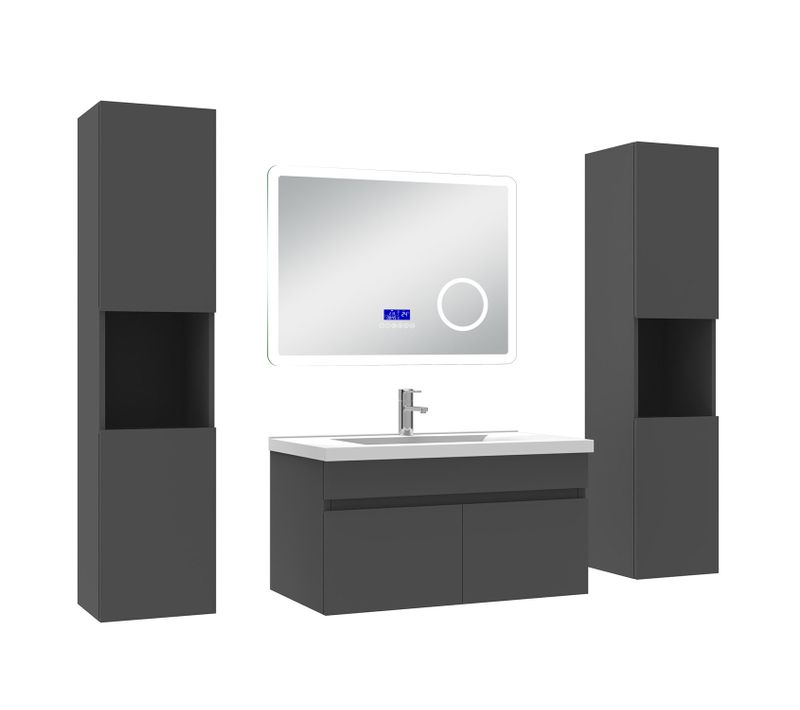 Ensemble Meuble 80cm Anthracite, Lavabo Céramique +2 Colonnes Hautes +miroir Bluetooth 3 Couleurs
