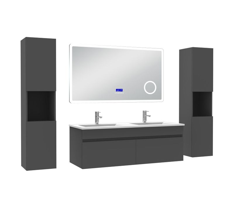 Ensemble Meuble 120cm Anthracite, Lavabo Céramique +2 Colonnes Hautes +miroir Bluetooth 3 Couleurs