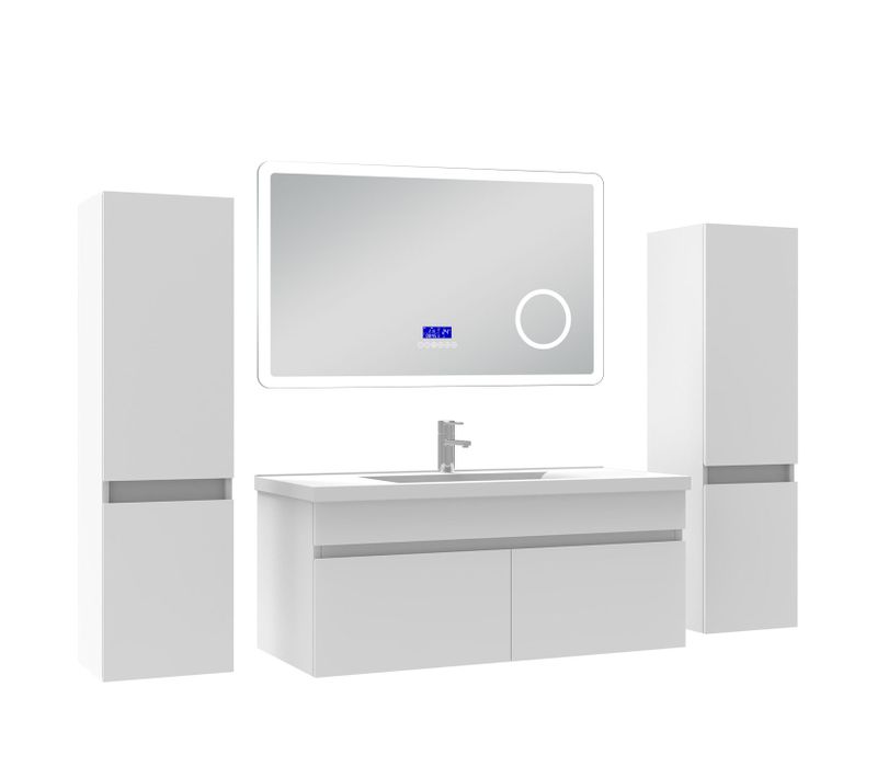 Ensemble Meuble 100cm, Lavabo Céramique+2 Colonnes +miroir Bluetooth 3 Couleurs Blanc