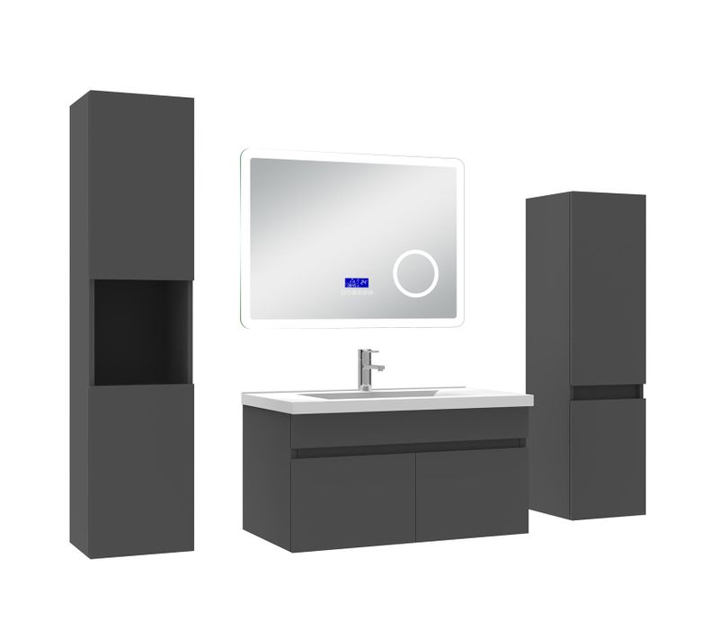 Ensemble Meuble Salle Bain 80cm Anthracite, Lavabo Céramique +2 Colonnes Hautes +miroir Bluetooth