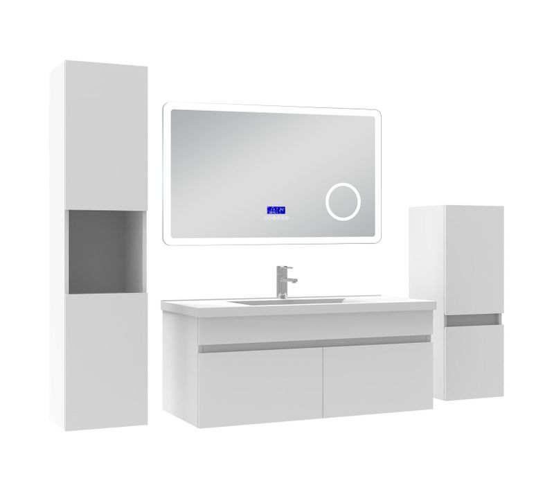 Ensemble Meuble Salle Bain 100cm Blanc, Lavabo Céramique +2 Colonnes +miroir Bluetooth 3 Couleurs