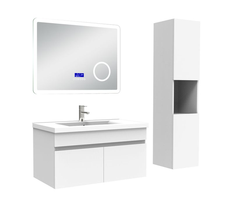 Ensemble Meuble 80cm Blanc, Lavabo Céramique +colonne Haute +miroir Bluetooth 3 Couleurs