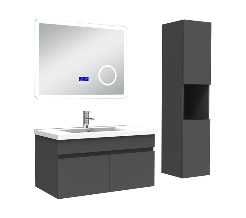 Ensemble Meuble 80cm Anthracite, Lavabo Céramique +colonne Haute +miroir Bluetooth 3 Couleurs