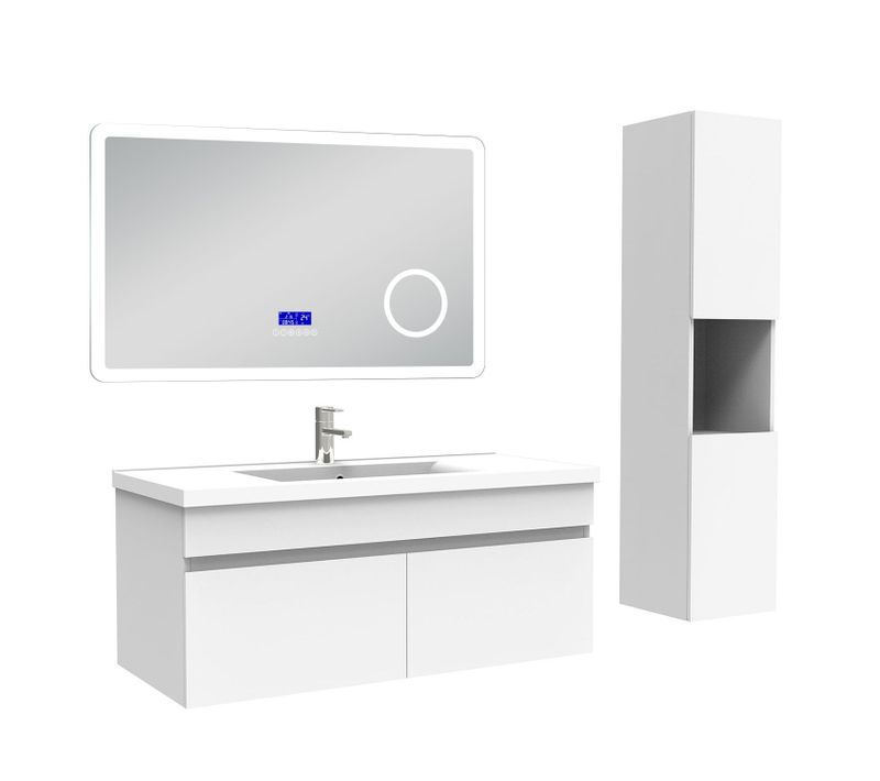 Ensemble Meuble 100cm Blanc, Lavabo Céramique +colonne Haute +miroir Bluetooth 3 Couleurs
