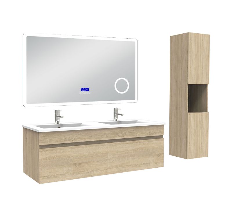 Ensemble Meuble 120cm Chêne Wotan, Lavabo Céramique +colonne Haute +miroir Bluetooth 3 Couleurs