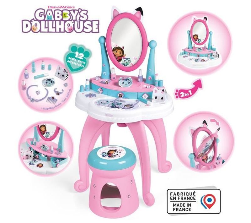 Coiffeuse 2-en-1 Gabby Pour Enfant Avec Miroir Orientable, Tabouret Et 12 Accessoires