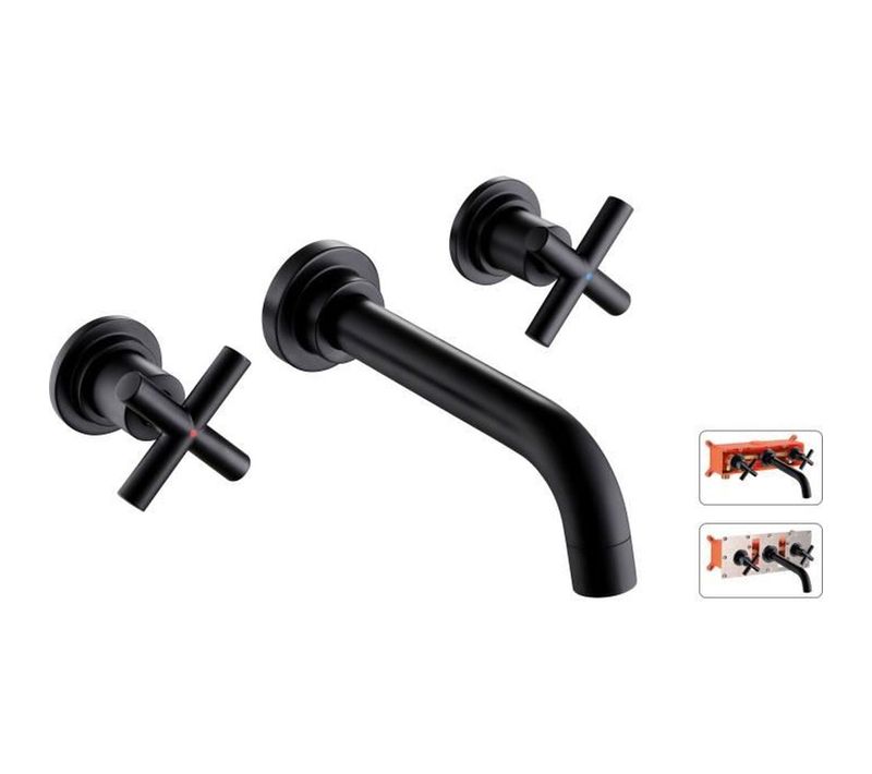Robinet Mural Lavabo Noir Col De Cygne – Laiton, Poignées Croisillons