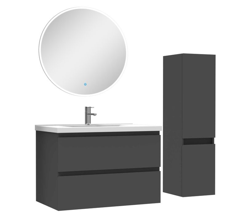 Ensemble De Meubles De Salle De Bain, 79x46x52cm Meuble + Lavabo + Miroir LED + Colonne