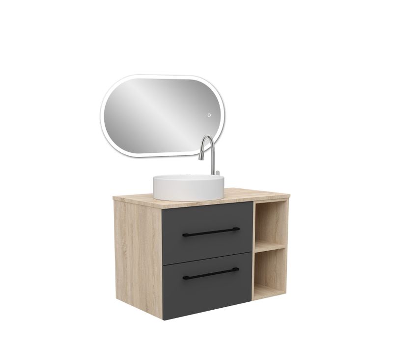 Ensemble Meuble Salle De Bain 79x46x52cm, Lavabo + Miroir LED Ovale, Suspendu