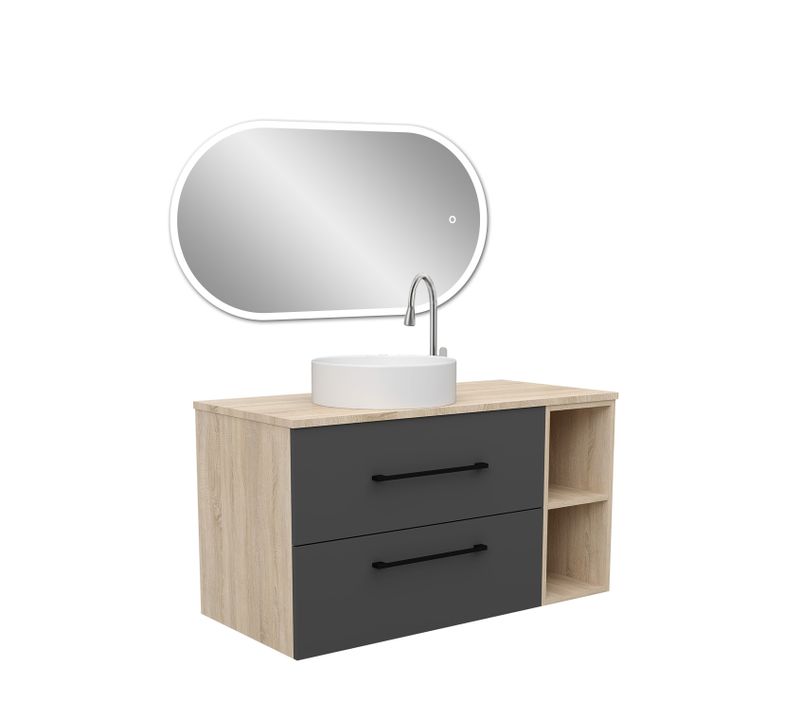 Ensemble Meuble Salle De Bain 99x46x52cm, Lavabo + Miroir LED Ovale, Suspendu