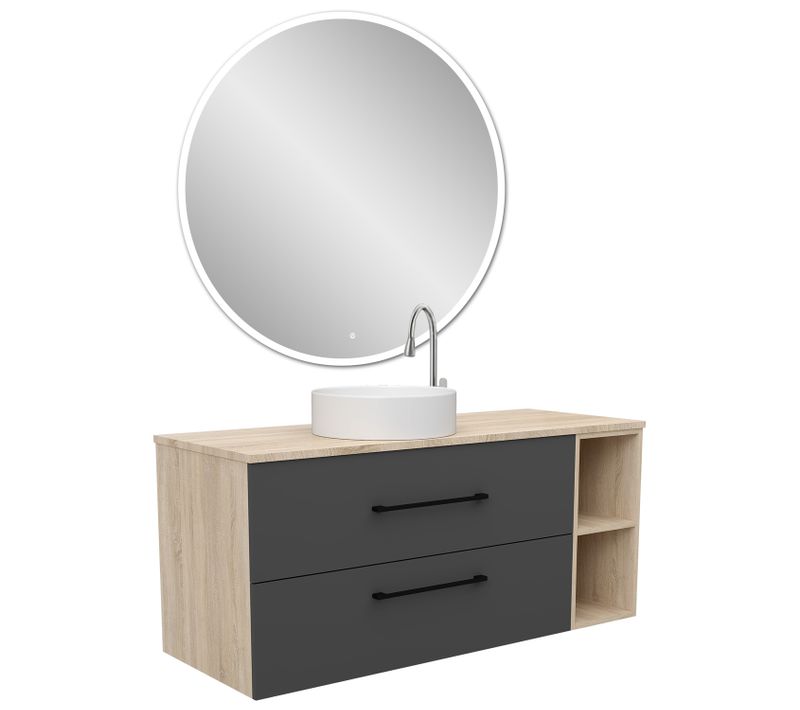 120x46x52cm Ensemble Meuble Salle De Bain, Avec Lavabo Et Miroir Rond LED, Suspendu