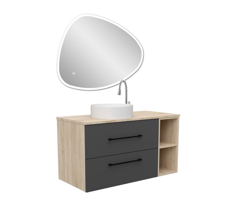 Ensemble Meuble Salle De Bain 99cm , Avec Lavabo Et Miroir LED Asymétrique, Suspendu