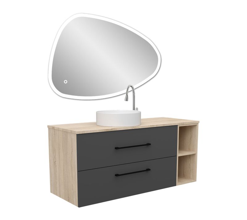 Ensemble Meuble Salle De Bain 120cm , Avec Lavabo Et Miroir LED Asymétrique, Suspendu