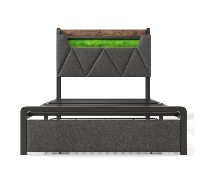 Lit Simple 90x200 Avec Tête De Lit De Rangement Et Éclairage LED, Gris