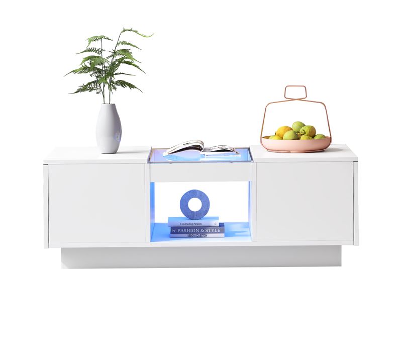 Table Basse 100x50x35.5 Avec Éclairage LED, Tiroirs Et Compartiment Ouvert, Blanc