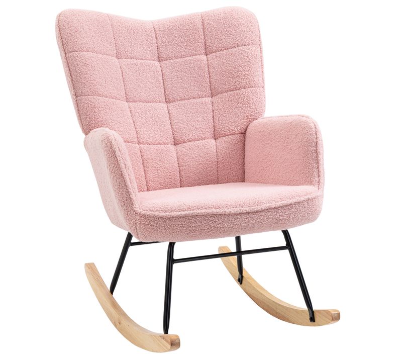 Fauteuil à Bascule 71x92x101 Cm,avec Polaire Sherpa, Bois Massif Et Cadre En Métal,rose