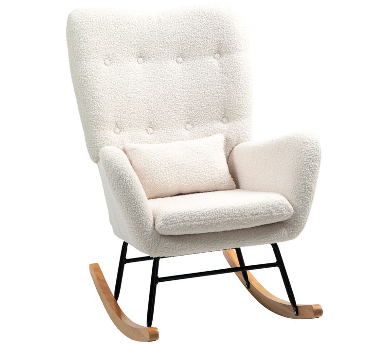 Fauteuil à Bascule, Avec Coussin Lombaire, Aspect Tissu Teddy, Blanc Crème