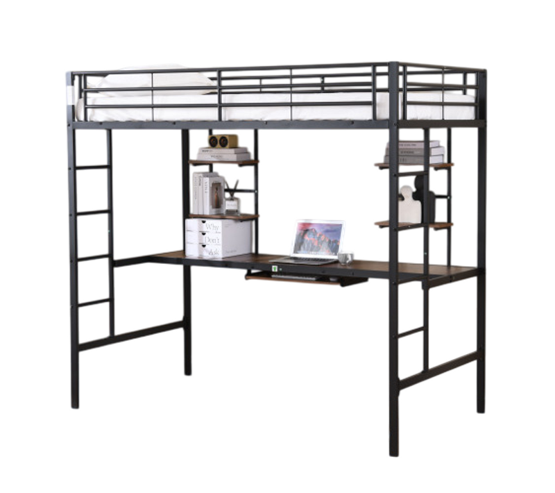 Lit En Métal 90 X 200 Cm, Cadre De Lit Avec Bureau Et Deux Étagères Pour Enfants, Adolescents, Noir