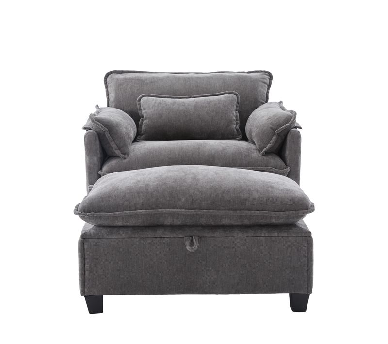 Fauteuil De Détente 103x85x91 Cm, Avec Pouf, Sac De Rangement, Tissu Chenille, Gris