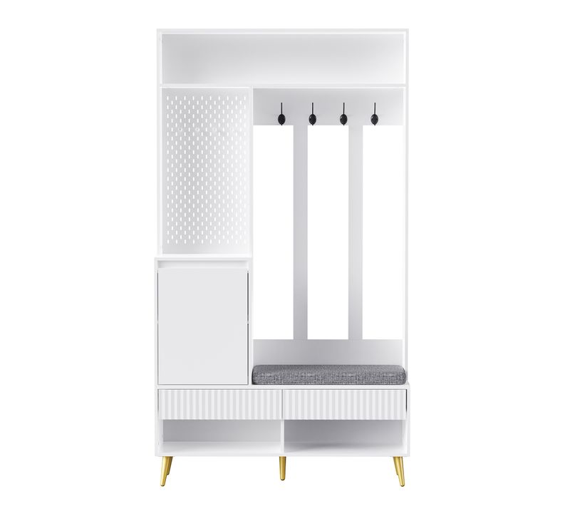 Porte-manteau, Meuble D’entrée, Vestiaire, Portant, Avec Banc à Chaussures, Crochets, Blanc-mdf