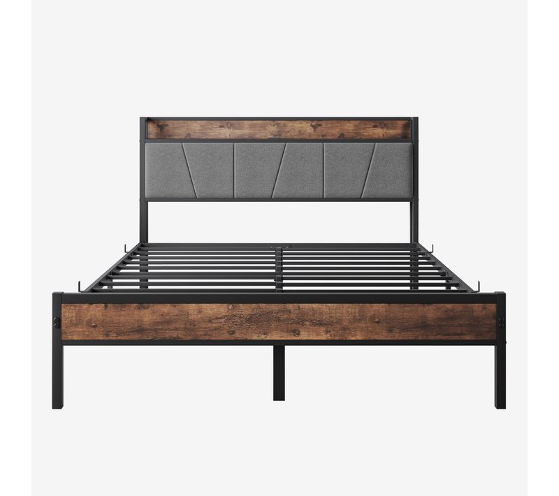 Lit 140x200 Cm, Avec Base En Métal, Tête De Lit De Rangement Avec Lumières LED Et Chargeur USB