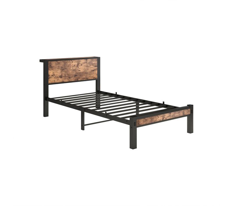 Lit 90x200 Cm Avec Sommier Métallique, Tête De Lit De Rangement, Silencieux, Marron Vintage