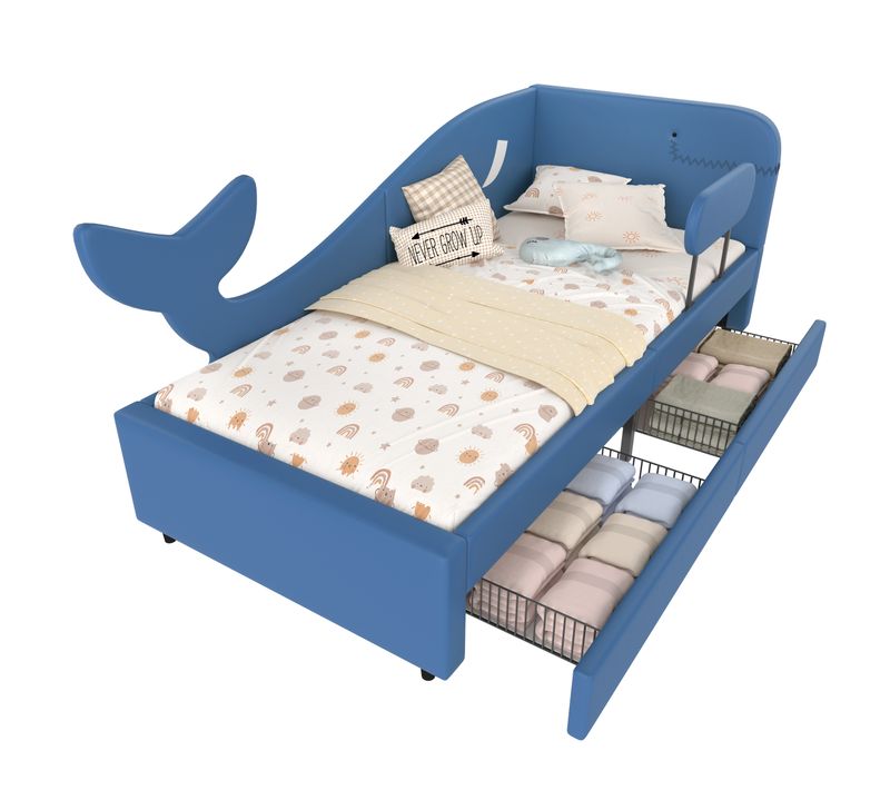 Lit Enfant 90x200 Cm Avec 2 Tiroirs Roulettes - Bleu