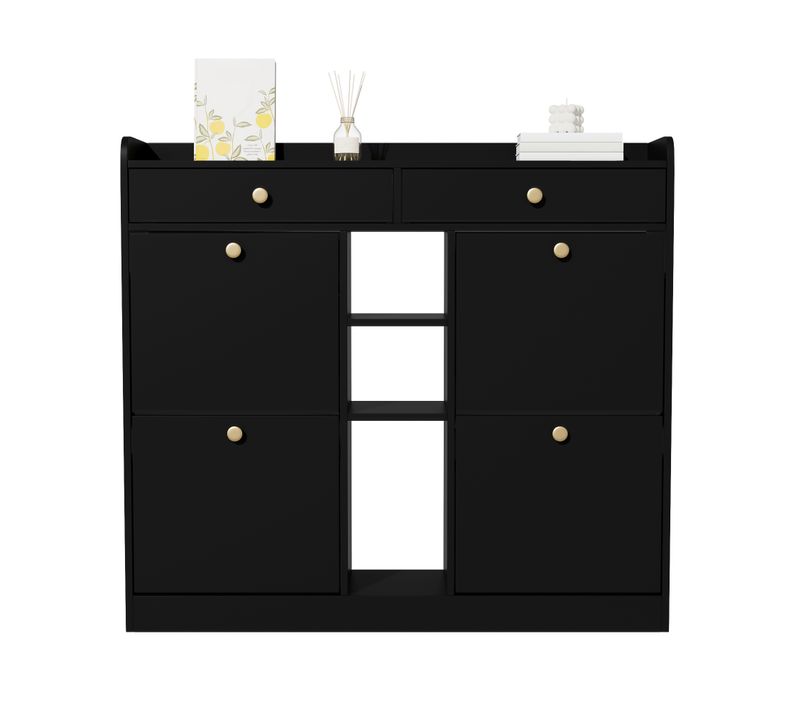 Meuble à Chaussures Noir 4 Portes 2 Tiroirs  - Idéale Entrée/couloir - 110x26x100 Cm