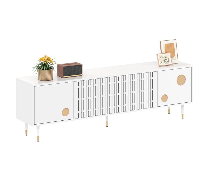Meuble TV Salon Structure Treillis, Portes Bois Massif,170 X 36 X 54 Cm, Blanc
