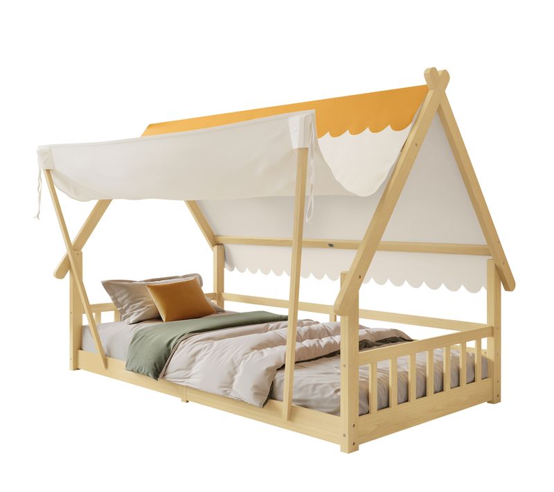 Lit Cabane D'enfant - 90 X 190 Cm - Tente Amovible - Bois Massif - Design Raffiné En Bois