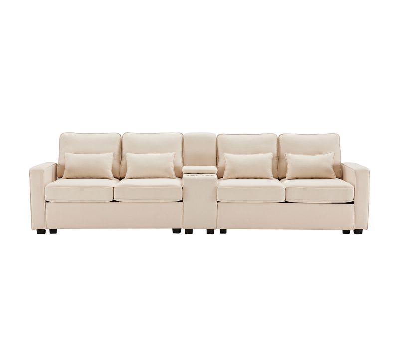 Canapé 4 Places Moderne En Lin-290x83x88cm - Avec 2 Porte-gobelets, 2 Ports USB, 4 Coussins - Beige