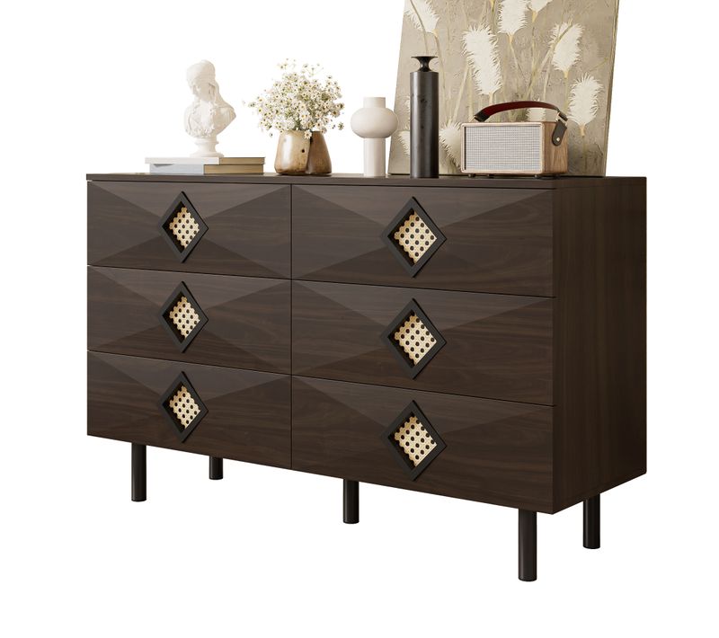 Commode 120x40x74 Cm - Avec 6 Tiroirs Et Poignées En Rotin - Noyer - Mdf