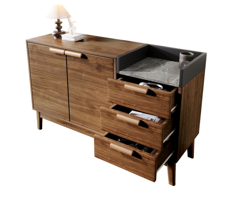 Buffet  - Décor Chêne Avec Plateau Aspect Marbre - Étagère Ouverte + 3 Tiroirs - 120x40x77 Cm