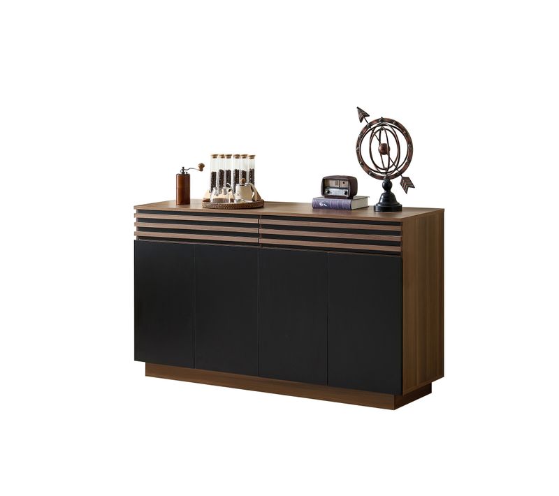Buffet - Aspect Bois Brun Avec Portes Noires - 2 Tiroirs Et 4 Portes - 150 X 40 X 85 Cm