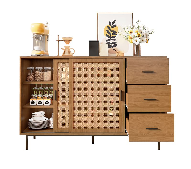 Buffet 140x37x91 Cm - Avec 2 Portes Et 3 Tiroirs - Style Campagnard - Bois