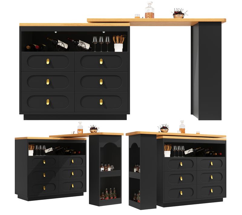 Table De Bar Extensible 137-203x39x90 Cm - Avec Pivotement à 360° Et Rangement - Noir