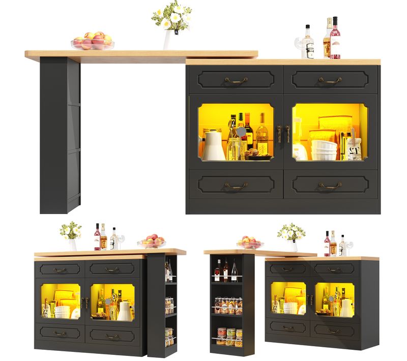 Table De Bar Extensible 135-203x39x92.8 Cm - Avec Pivotement à 360° Et LED - Noir