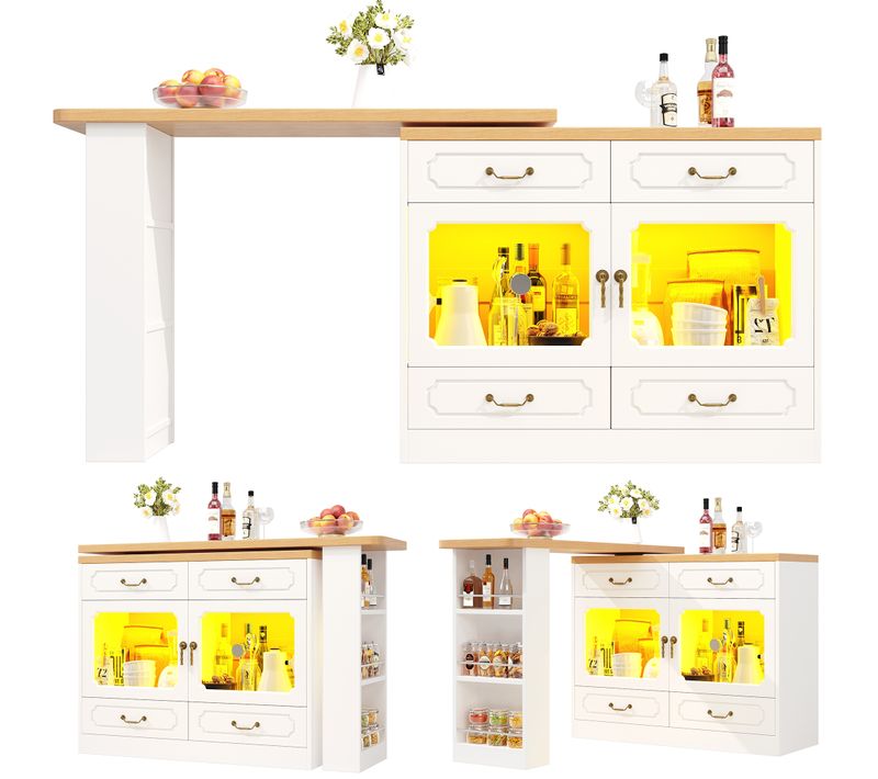 Table De Bar Extensible 135-203x39x92.8 Cm - Avec Pivotement à 360° Et LED - Blanc