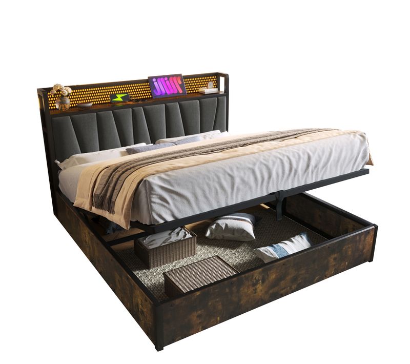 Lit Coffre Double 140x200 Cm,avec USB,design Vintage En Bois Et Métal, Espace De Rangement
