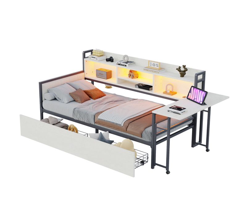 Lit Simple En Fer 90 X 200 Cm-avec Éclairage LED Et Bureau Rabattable-blanc